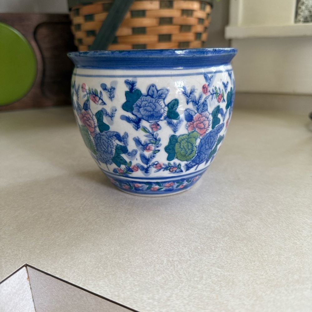 Floral Ceramic Pot with Blue Accents